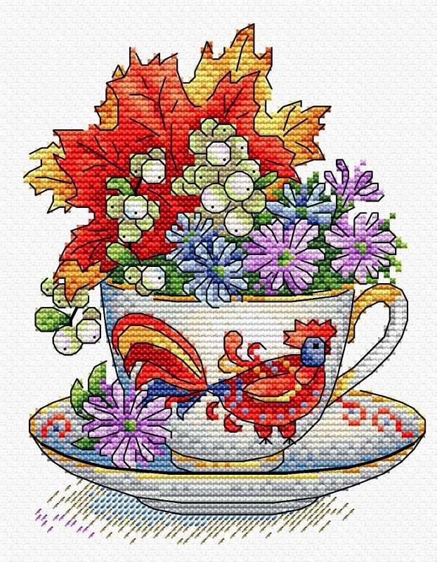 Autumn Taste SM-604 Counted Cross-Stitch Kit featuring colorful threads, Aida canvas, and a detailed pattern chart.