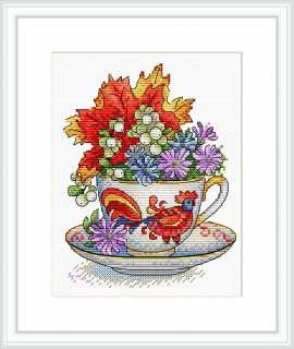 Autumn Taste SM-604 Counted Cross-Stitch Kit featuring colorful threads, Aida canvas, and a detailed pattern chart.