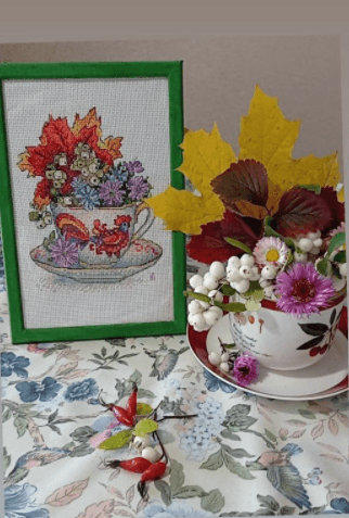 Autumn Taste SM-604 Counted Cross-Stitch Kit featuring colorful threads, Aida canvas, and a detailed pattern chart.