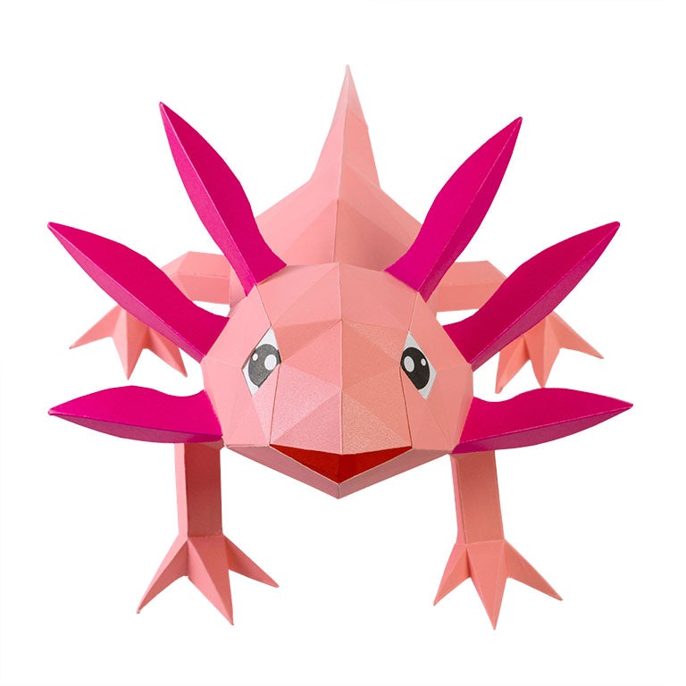 A colorful 3D papercraft model of an axolotl, showcasing intricate details and vibrant colors, perfect for crafting enthusiasts.