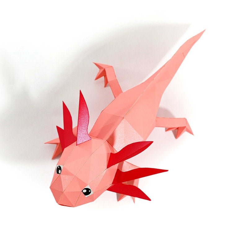 A colorful 3D papercraft model of an axolotl, showcasing intricate details and vibrant colors, perfect for crafting enthusiasts.