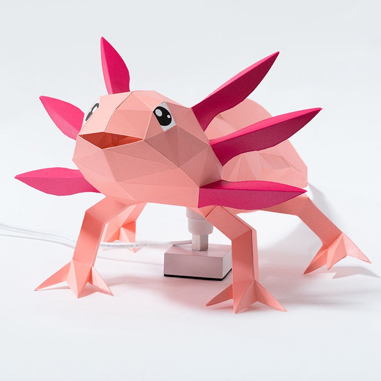 A colorful 3D papercraft model of an axolotl, showcasing intricate details and vibrant colors, perfect for crafting enthusiasts.