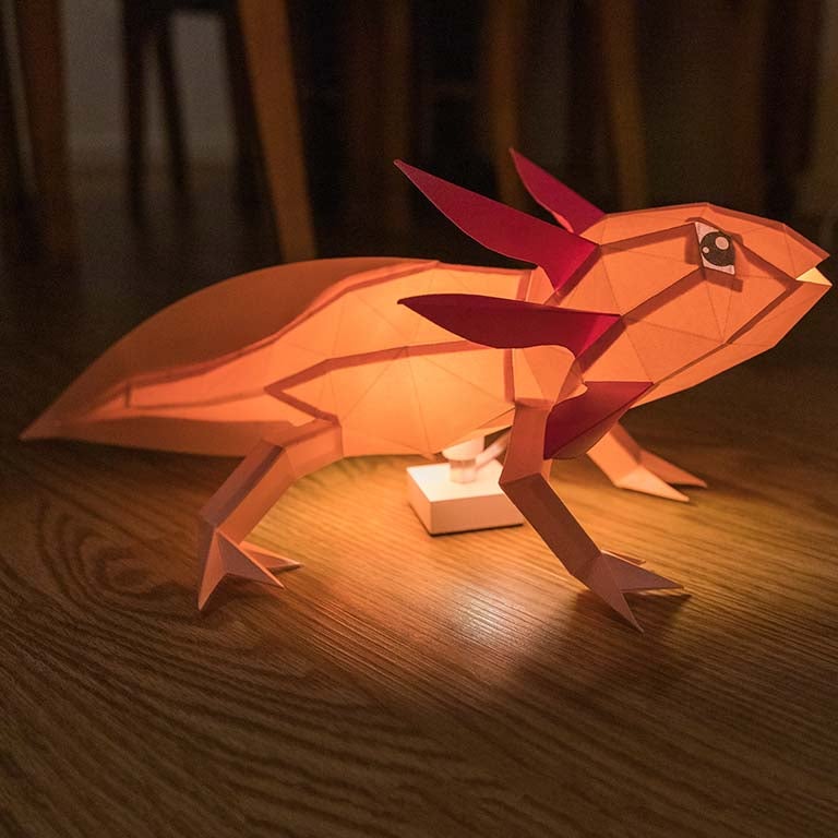 A colorful 3D papercraft model of an axolotl, showcasing intricate details and vibrant colors, perfect for crafting enthusiasts.