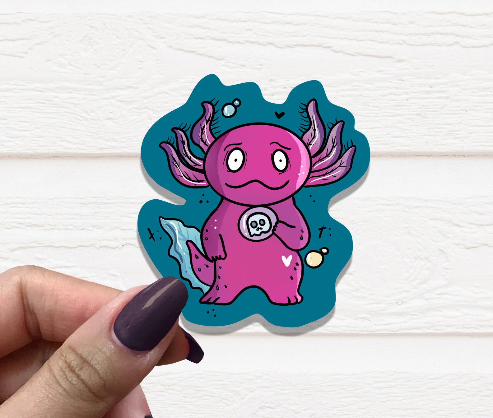 A vibrant axolotl vinyl sticker on a white background, showcasing its unique design and high-quality matte finish.