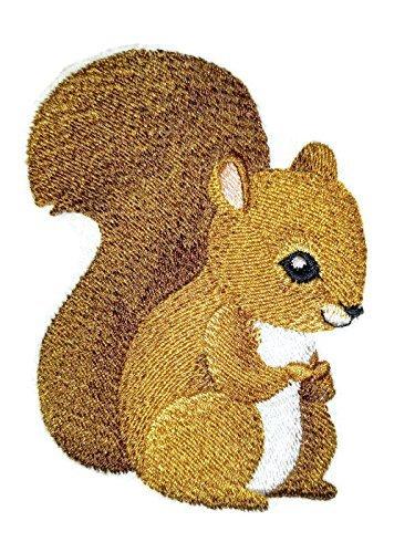 Embroidered patch featuring a cute baby squirrel design, perfect for iron-on or sewing applications on garments.