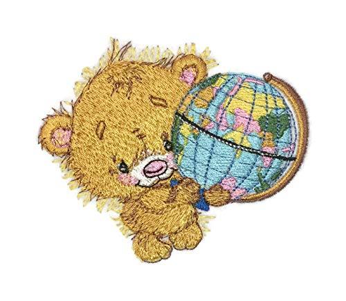 Embroidered patch featuring a cute baby bear with a globe, ideal for iron-on or sewing applications.