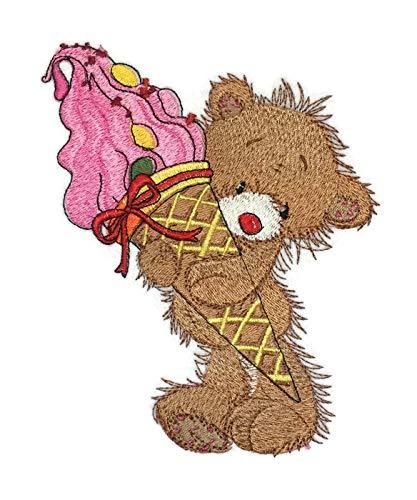 Embroidered patch featuring a cute baby bear holding an ice cream cone, perfect for sewing or ironing onto garments.