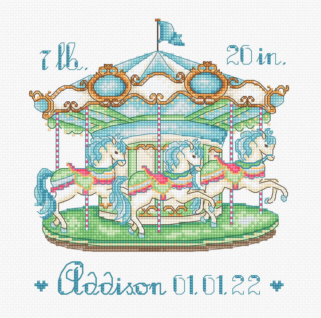 Baby Carousel L8047 Counted Cross Stitch Kit featuring cream white Aida canvas, 23 colorful threads, and a needle.