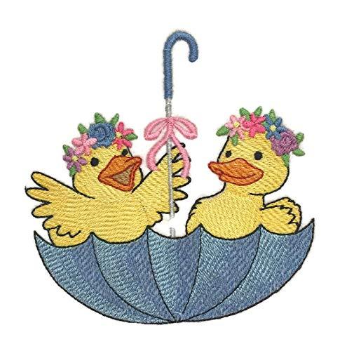 Baby Umbrella Duckies embroidered patch featuring colorful duckies under an umbrella, ideal for iron-on or sewing applications.