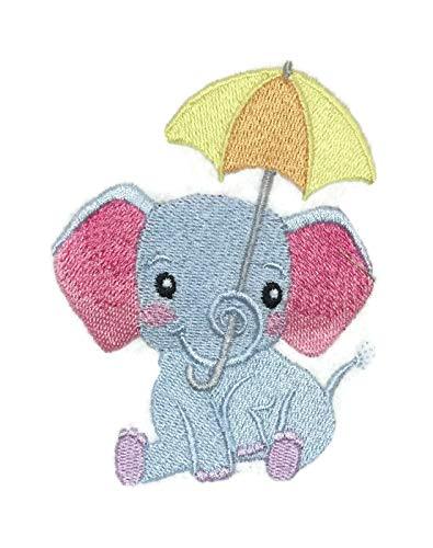 Baby Umbrella Elephant embroidered patch, featuring a cute elephant holding an umbrella, perfect for iron-on or sewing applications.