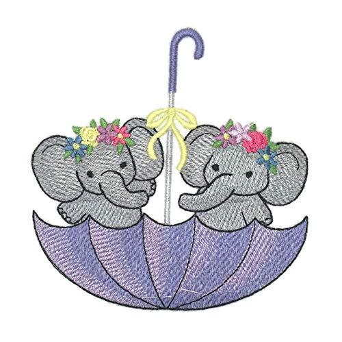 Baby Umbrella Elephants embroidered patch featuring vibrant colors and intricate stitching, perfect for iron-on or sewing applications.