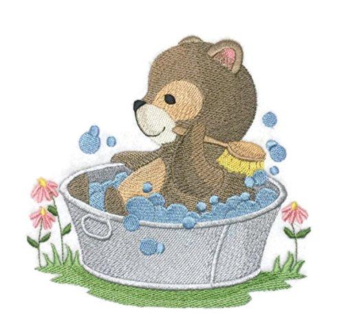 Baby Woodland Bath Time Bear embroidered patch, showcasing intricate embroidery on a cotton base, perfect for iron-on or sewing applications.