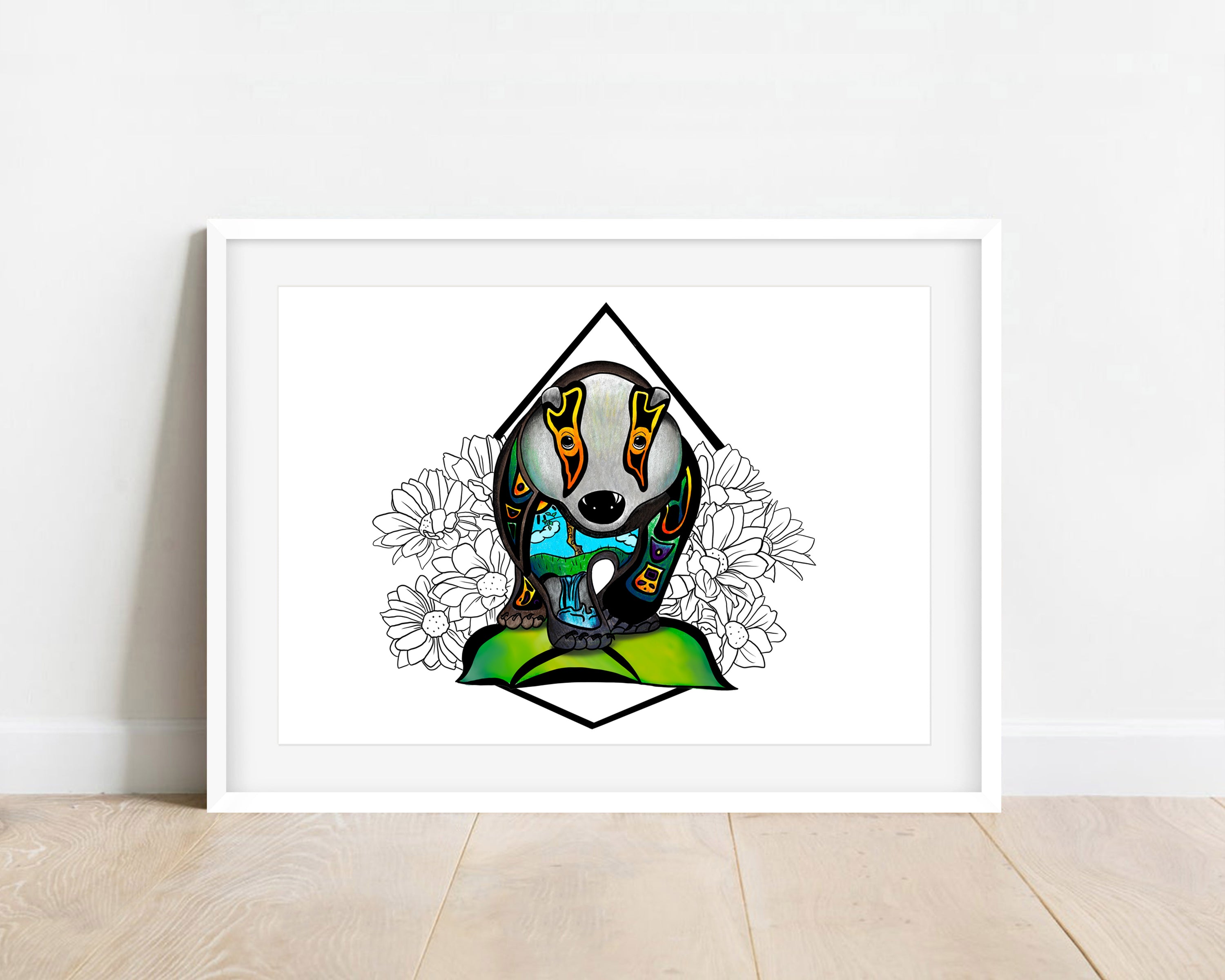 Badger Art Print titled Boris, 2021, showcasing vibrant colors on high-quality matte paper, hand-signed by the artist.