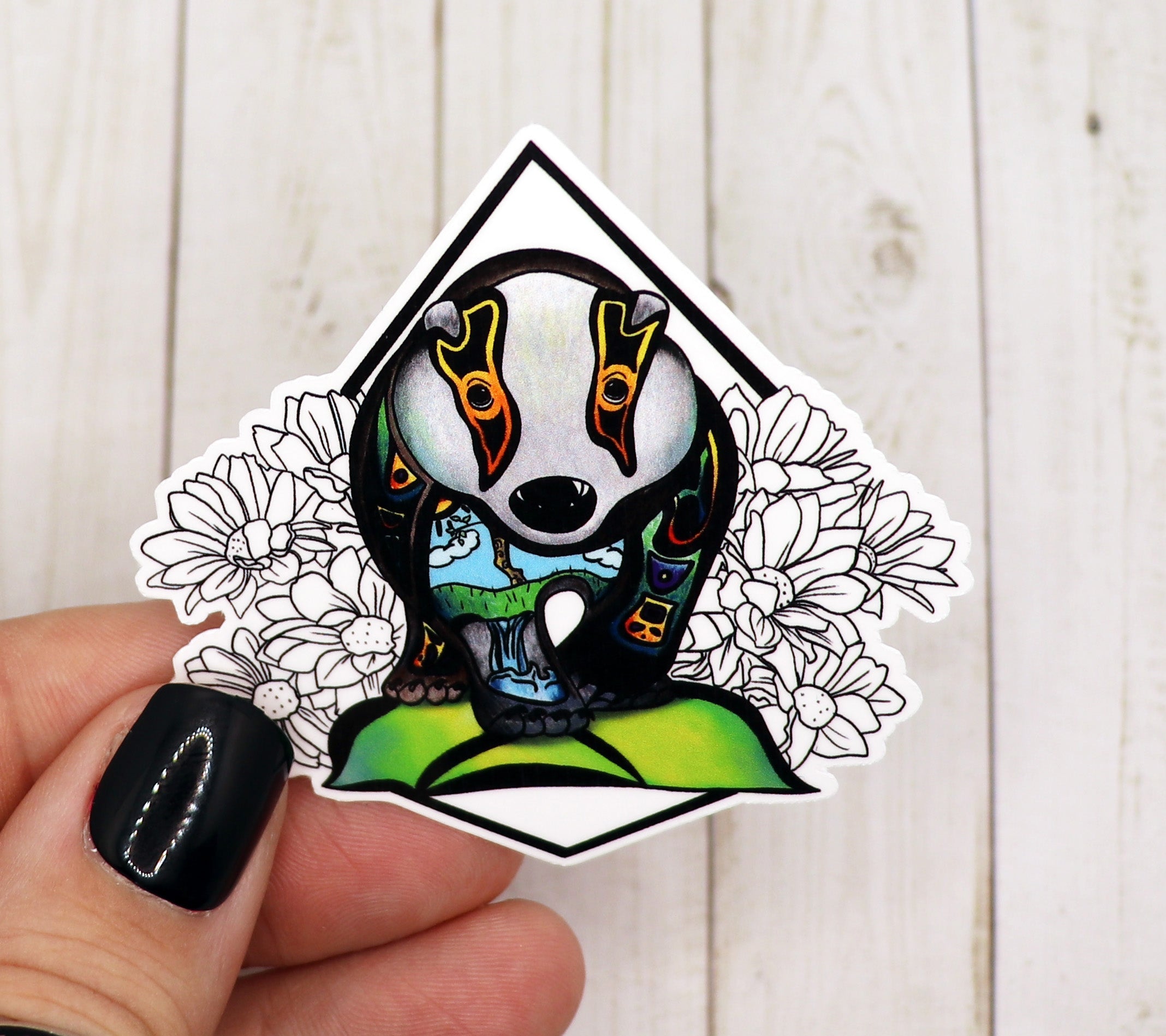 A vibrant Badger Sticker on a matte vinyl surface, showcasing its intricate design and durable finish.