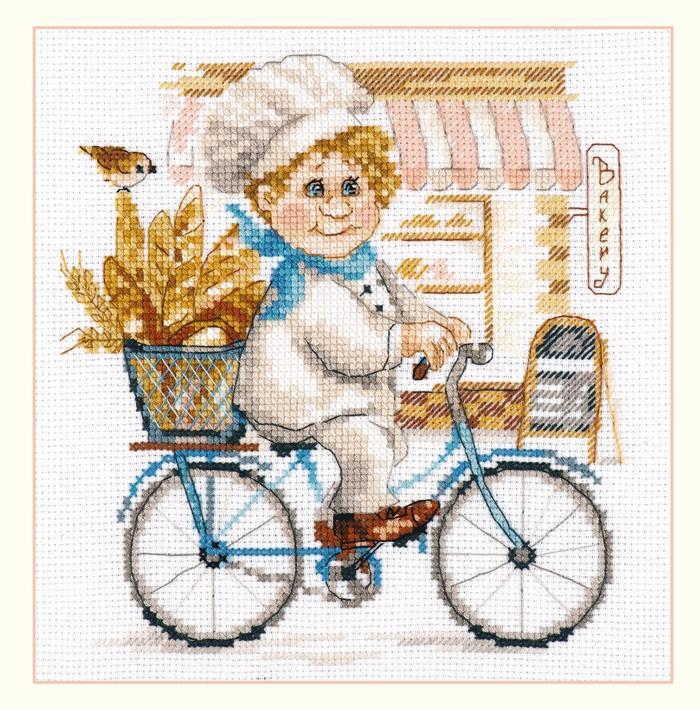 Baker 6-10 Counted Cross-Stitch Kit featuring white Aida fabric, colorful threads, and an embroidery needle, perfect for crafting enthusiasts.