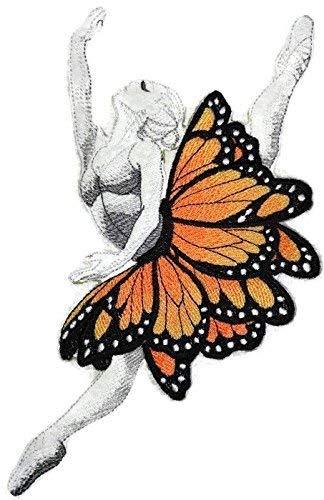 Embroidered patch featuring a ballerina dancer surrounded by colorful butterflies, perfect for sewing or ironing on garments.