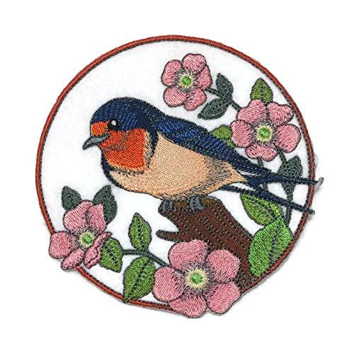 Barn Swallow and Wild Rose Circle embroidered patch, showcasing intricate embroidery on a cotton base, perfect for iron-on or sewing applications.