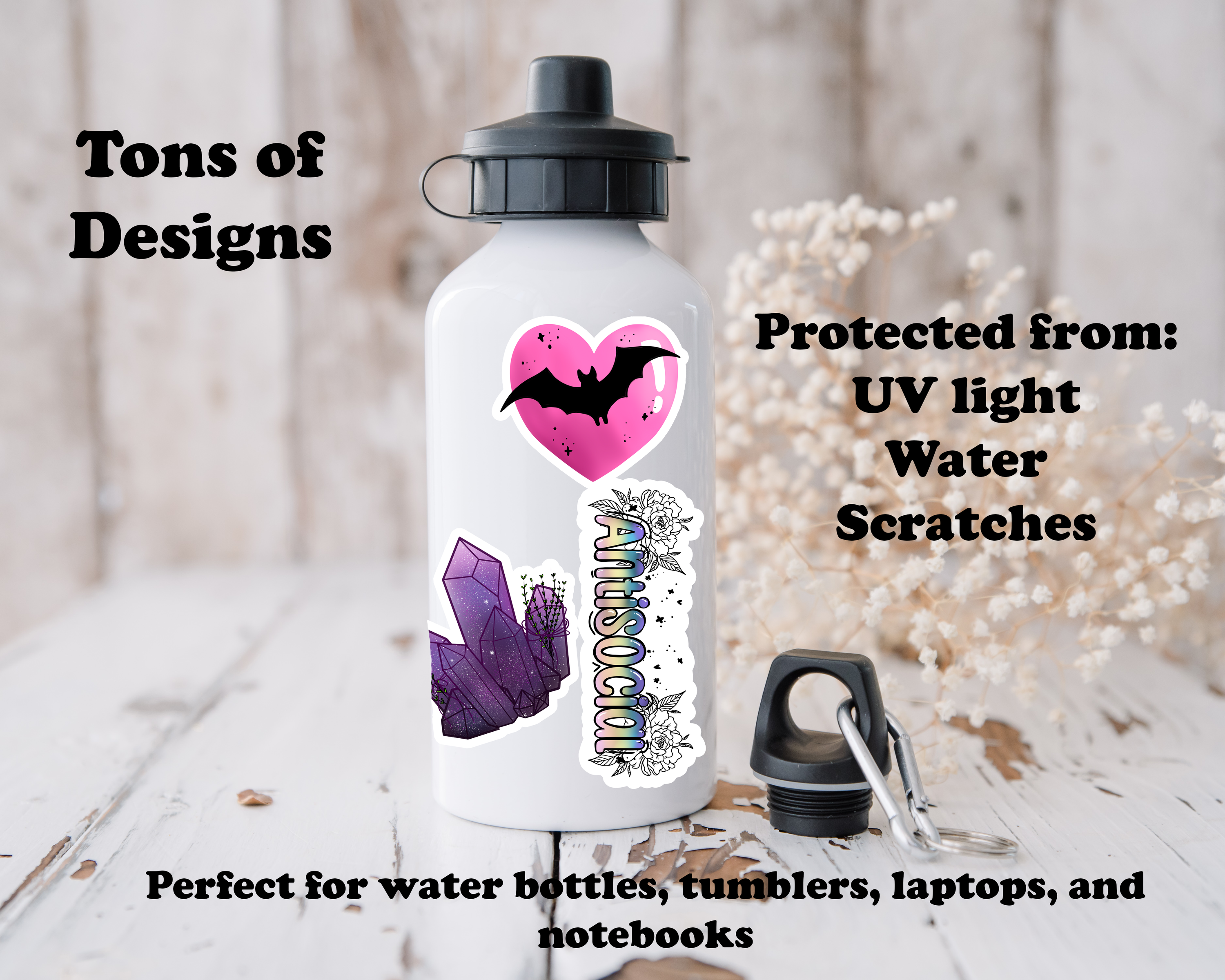 A stylish Basic Witch Sticker featuring a unique design, perfect for personalizing various items like water bottles and laptops.