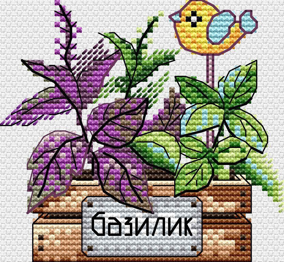 Basil SM-636 Counted Cross Stitch Kit featuring Aida canvas, colorful threads, and a black and white chart for stitching.