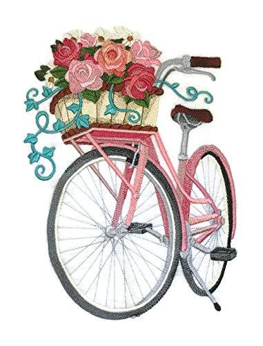 Basket of Blooms Bicycle embroidered patch featuring vibrant flowers and a bicycle design, ideal for sewing or ironing onto garments.