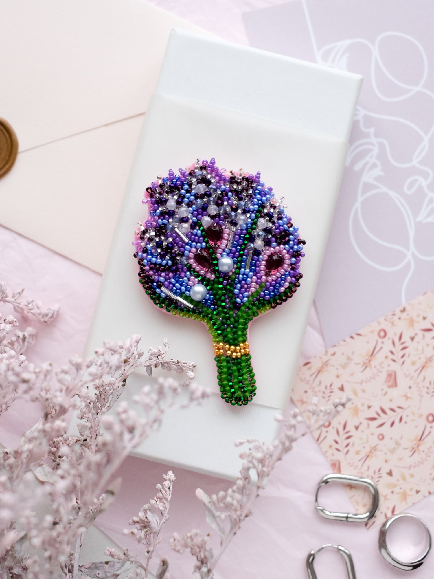 Bead Embroidery Decoration Kit Lavender AD-074 featuring colorful Preciosa beads, natural art canvas, and Japanese bead needles.