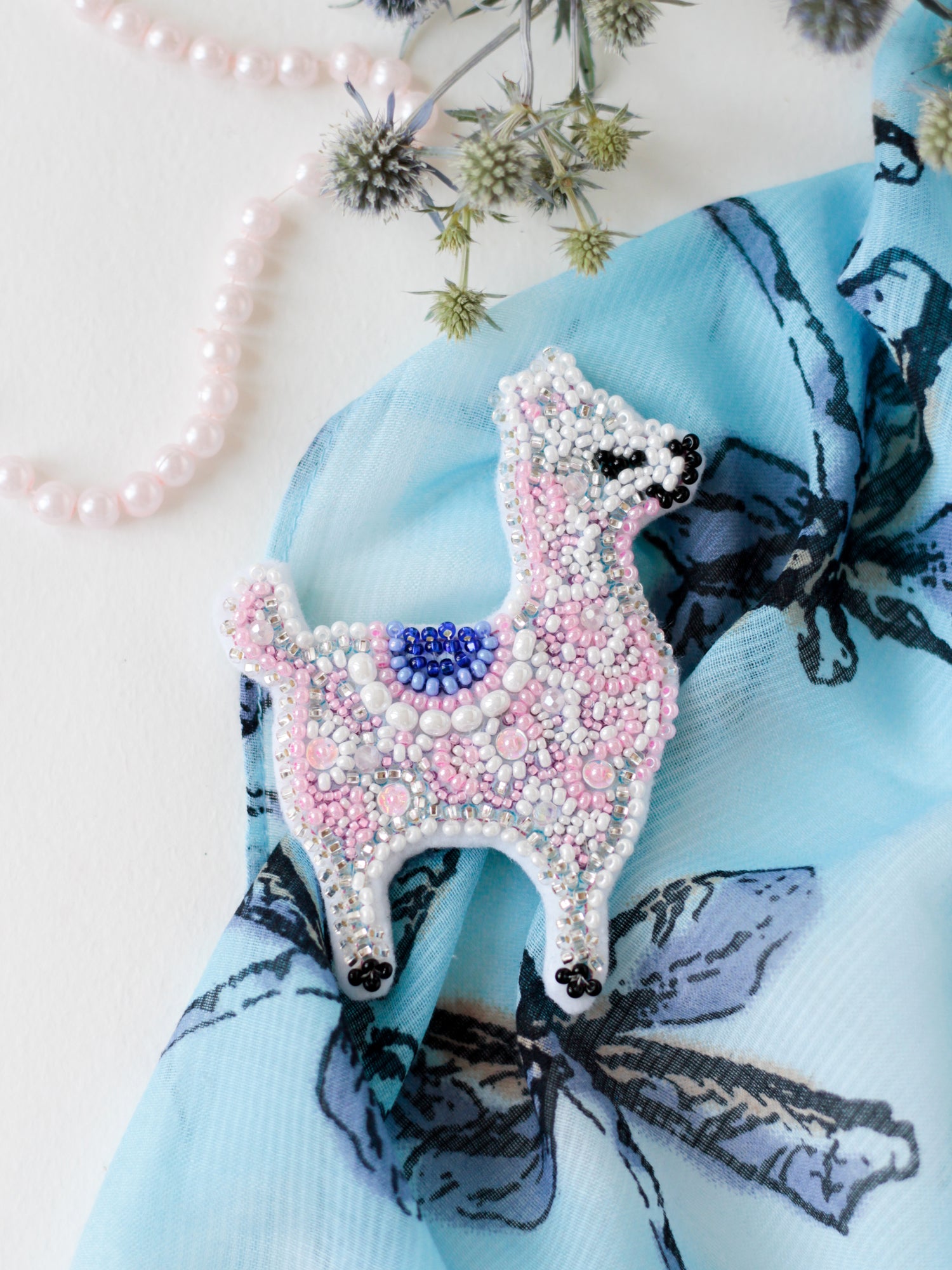 Bead Embroidery Decoration Kit featuring a Pink Llama design, including beads, needles, and instructions on a natural art canvas.