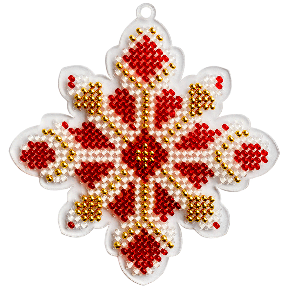 Bead embroidery kit FLPL-021 featuring a plastic base, colorful PRECIOSA beads, needles, and instructional materials, beautifully arranged.