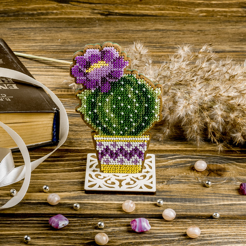 Bead embroidery kit on wood FLK-192 featuring a plywood blank, beads, and embroidery tools.