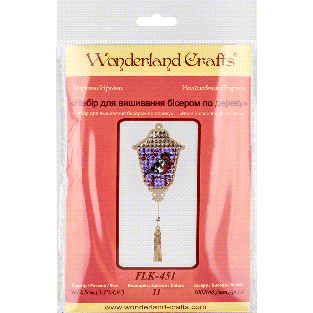 Bead embroidery kit on wood FLK-451 featuring colorful beads, plywood blank, and crafting materials.