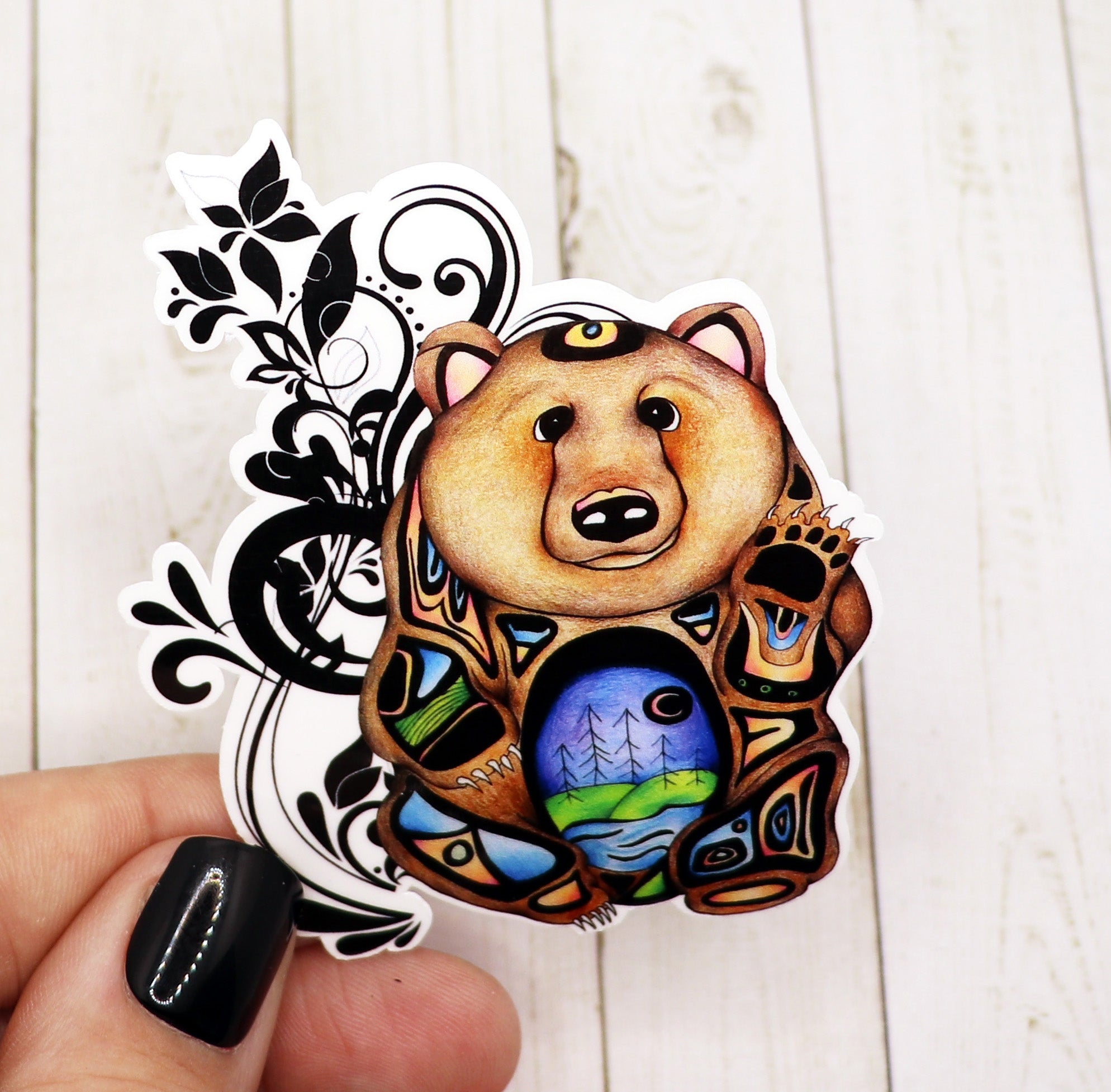 A vibrant Bear Sticker on a matte vinyl surface, showcasing its detailed design and durability.