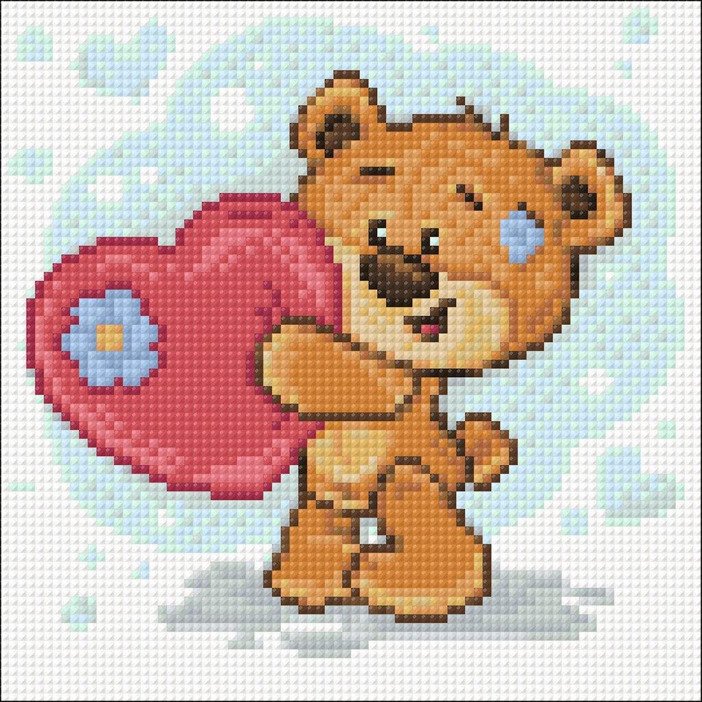 Bear with a Heart diamond painting kit featuring a 7.9x7.9 inch self-adhesive canvas, tools, and pre-sorted square acrylic diamonds.