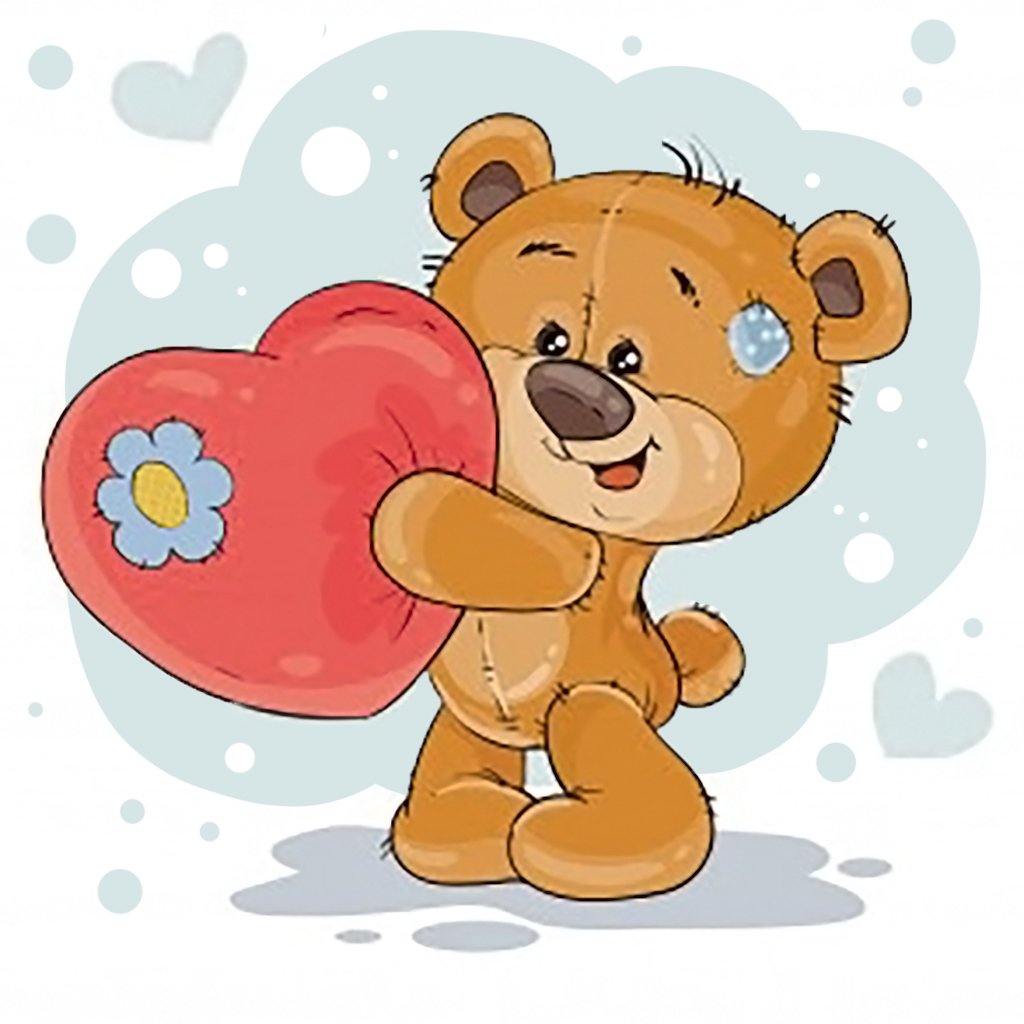 Bear with a Heart diamond painting kit featuring a 7.9x7.9 inch self-adhesive canvas, tools, and pre-sorted square acrylic diamonds.