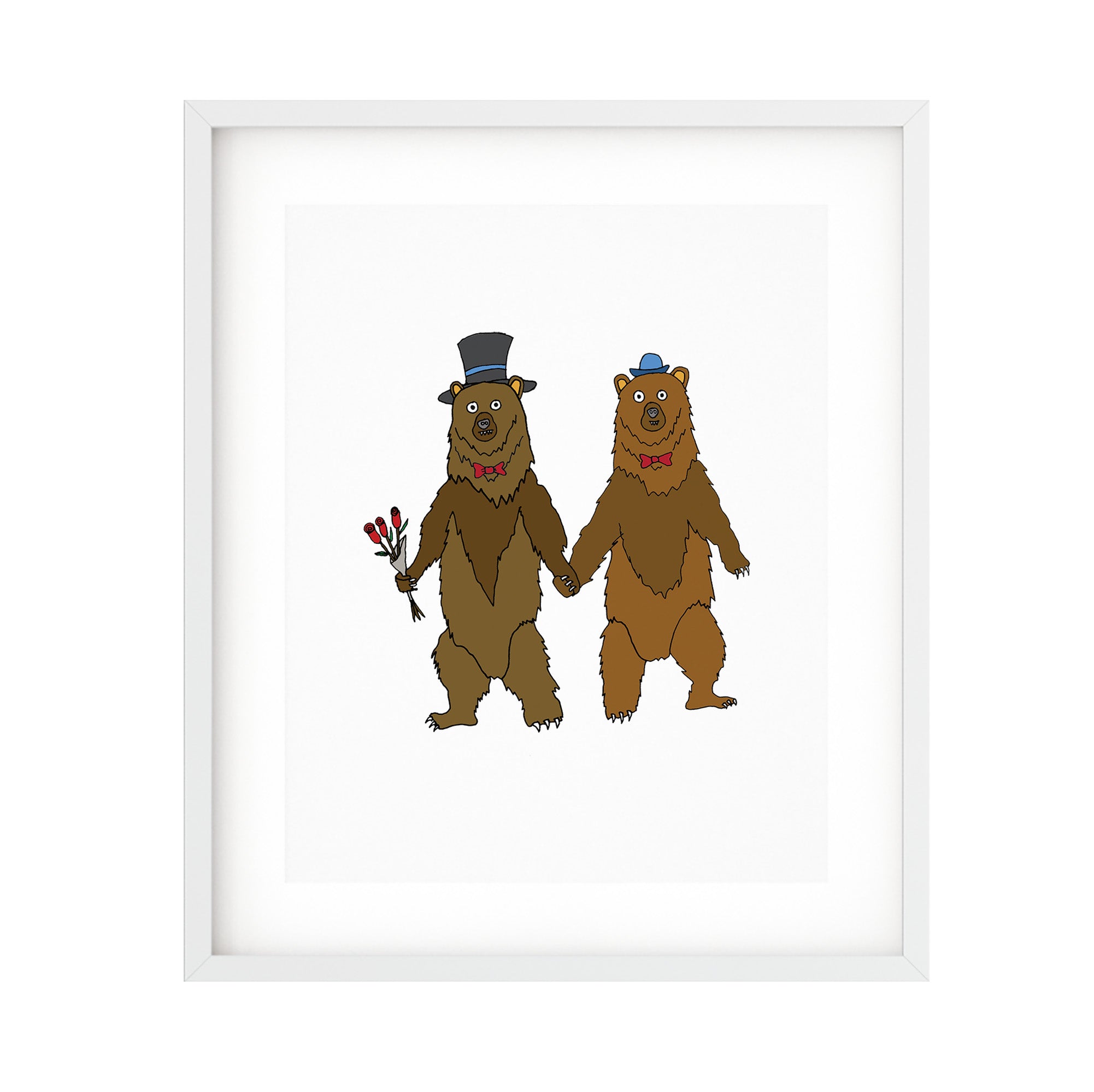 A playful illustration of two bears holding paws, showcasing love and companionship in a high-quality print.