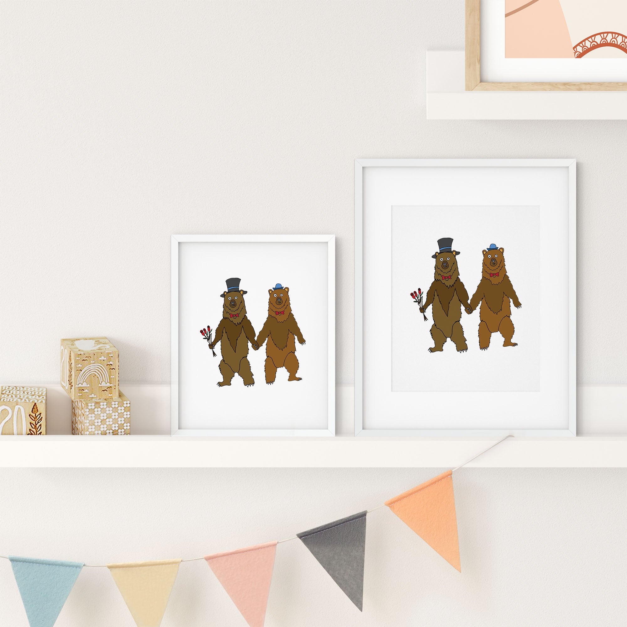 A playful illustration of two bears holding paws, showcasing love and companionship in a high-quality print.