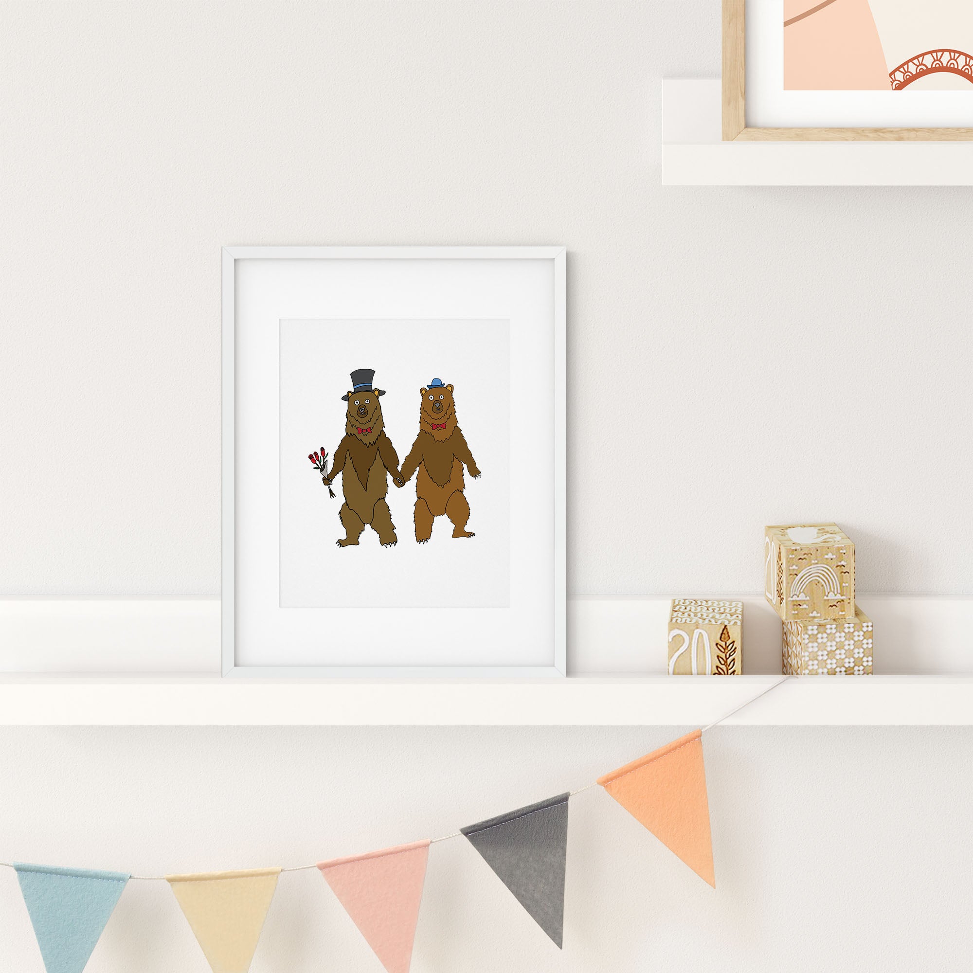 A playful illustration of two bears holding paws, showcasing love and companionship in a high-quality print.