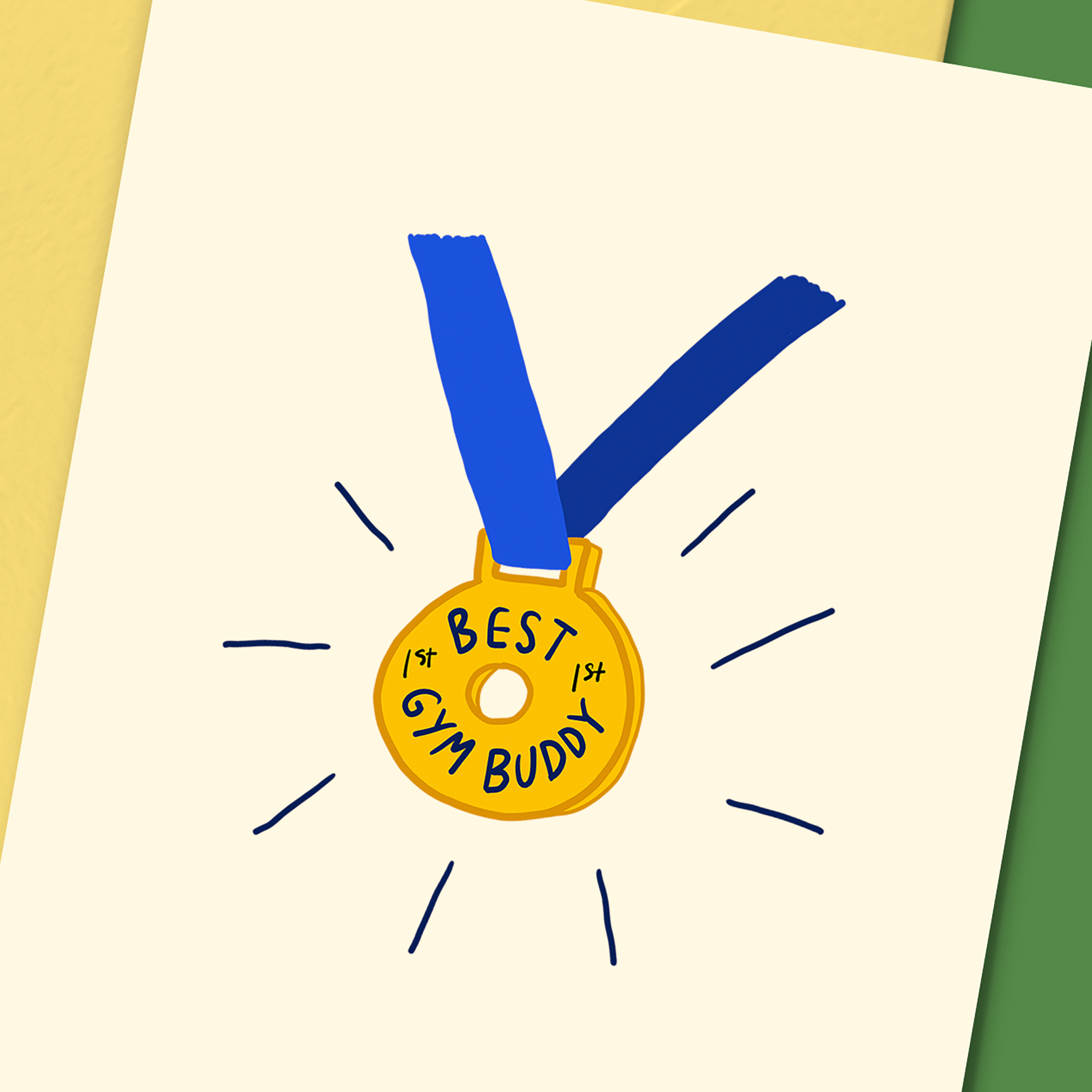 Best Gym Buddy Medal greeting card featuring a gold medal illustration with the text 'Best Gym Buddy'.