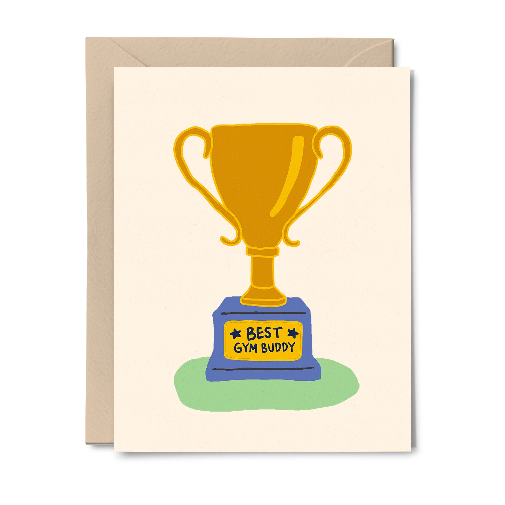 Best Gym Buddy Trophy greeting card featuring a gold trophy illustration, blank inside, and eco-friendly packaging.