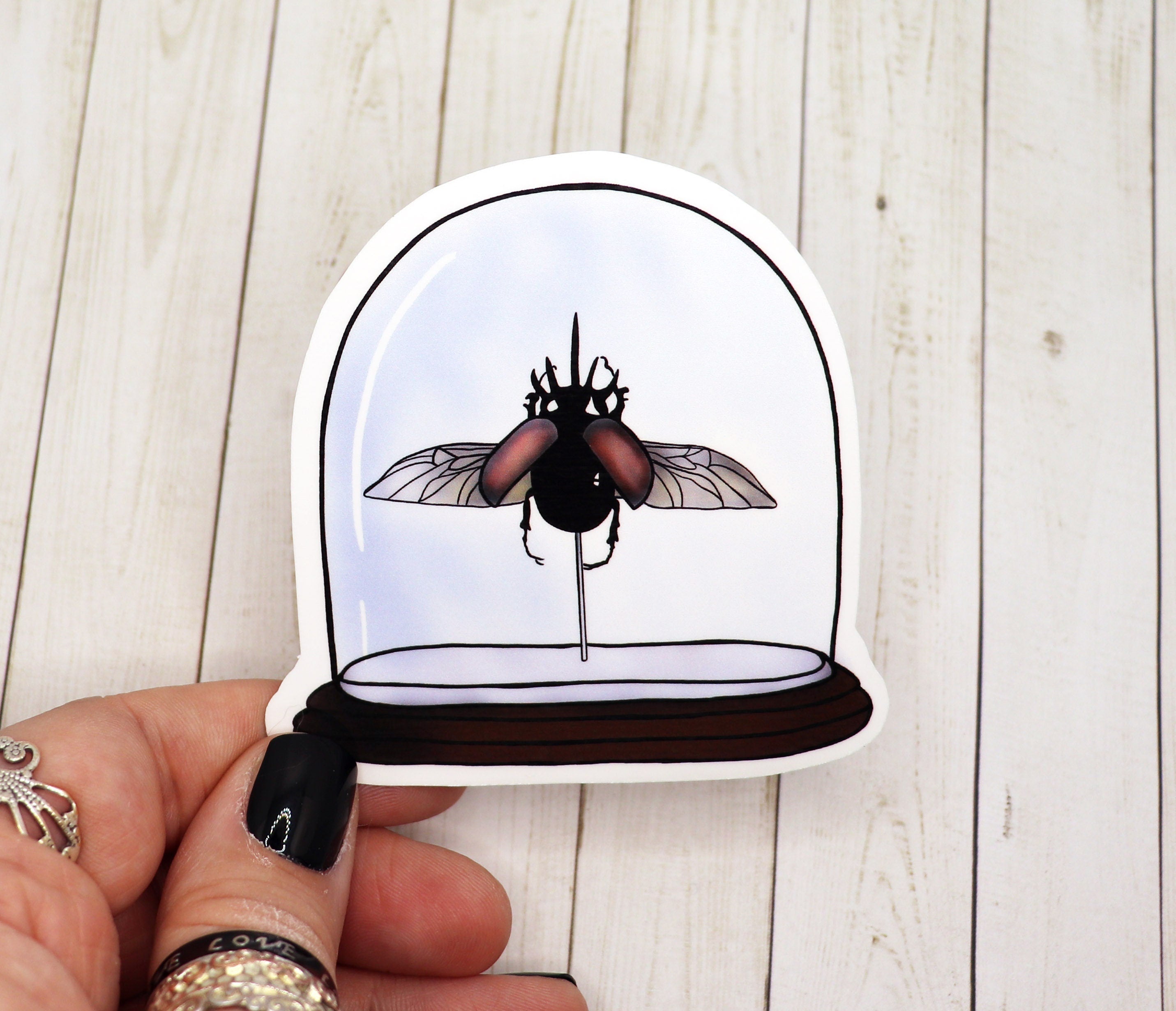 A colorful beetle sticker on a white background, showcasing its vibrant design and matte finish.