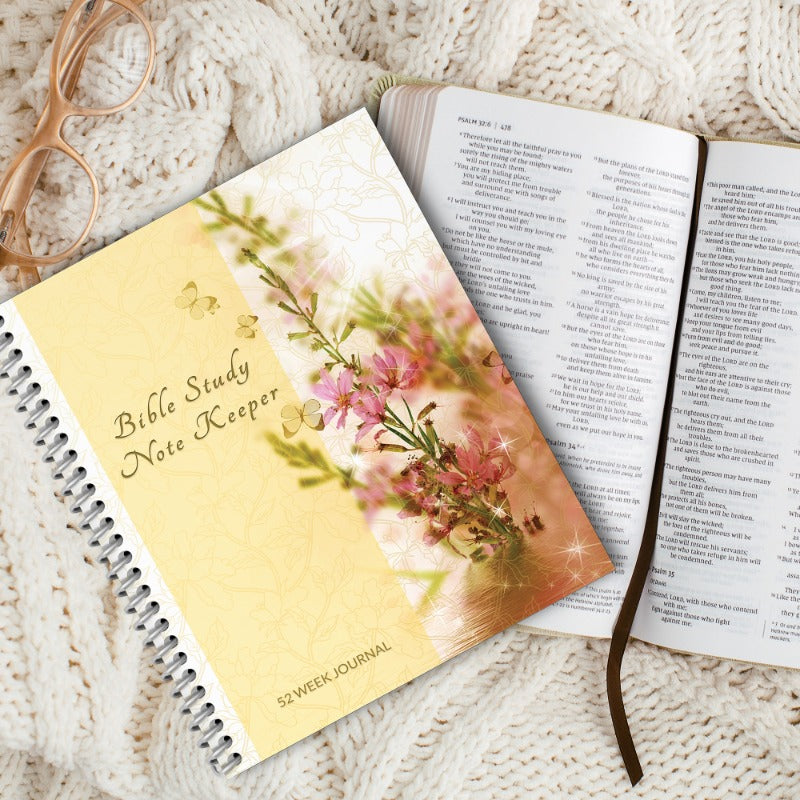 Bible Study Journal for Women featuring a yellow floral design, 7x9 size, perfect for notes and reflections.