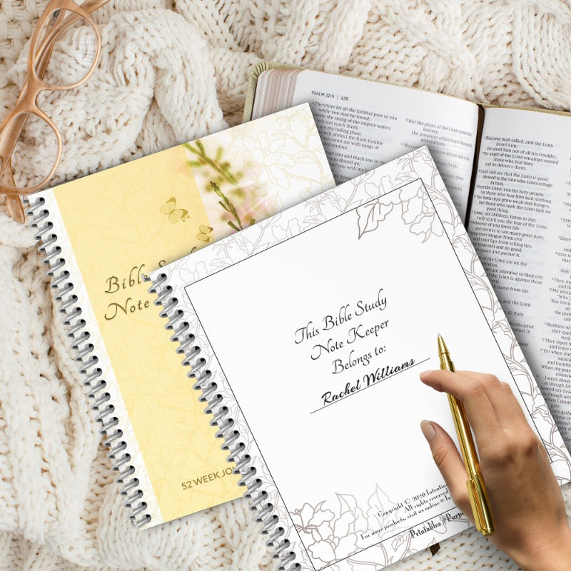 Bible Study Journal for Women featuring a yellow floral design, 7x9 size, perfect for notes and reflections.