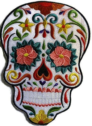 Flor De Fiesta Sugar Skull embroidered patch with vibrant colors and intricate design, perfect for bikers and fashion enthusiasts.