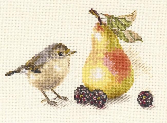 Bird and a Pear 5-23 Cross-stitch kit featuring colorful threads, white aida fabric, and an embroidery needle.