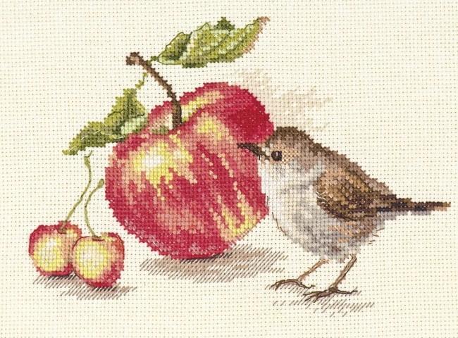 Bird and an Apple 5-22 Cross-stitch kit with white aida fabric, colorful threads, and an embroidery needle.