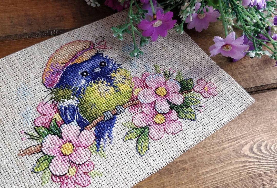 Bird with Flowers Counted Cross-Stitch Kit featuring colorful threads and AIDA canvas.