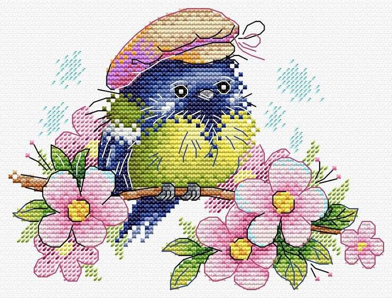 Bird with Flowers Counted Cross-Stitch Kit featuring colorful threads and AIDA canvas.