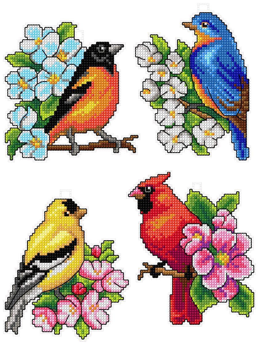 Birds 118CS Counted Cross-Stitch Kit featuring colorful threads and plastic canvas.