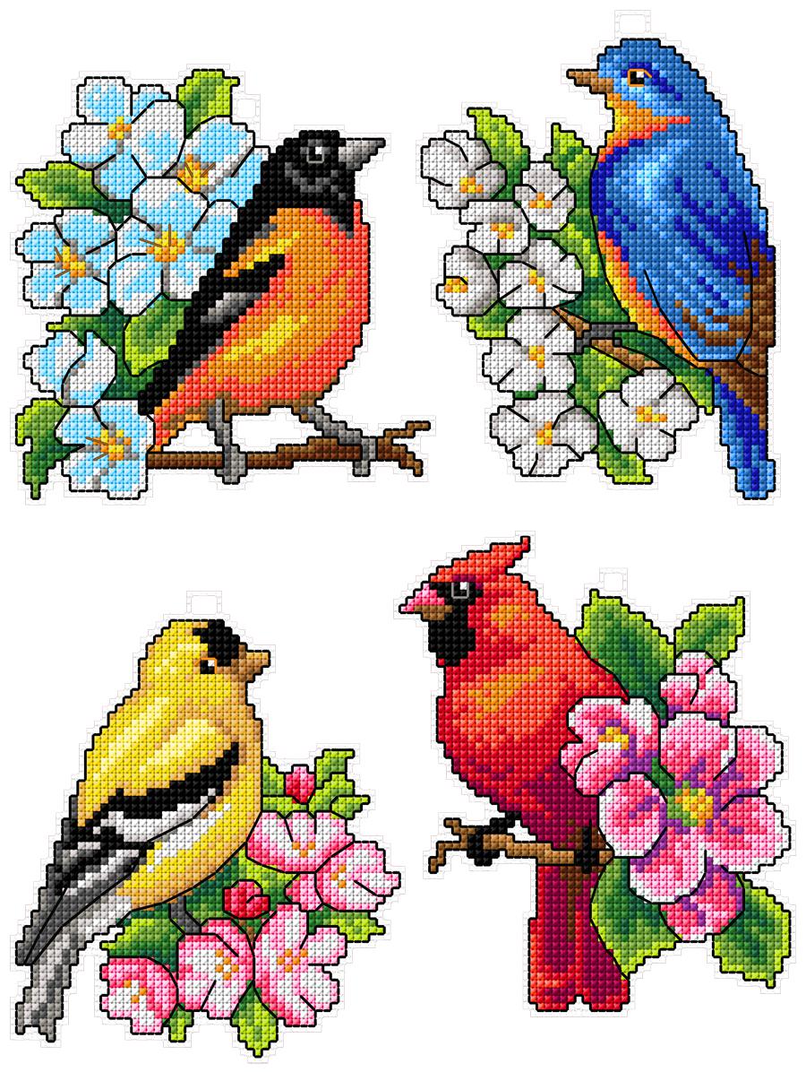 Birds 118CS Counted Cross-Stitch Kit featuring colorful threads and plastic canvas.