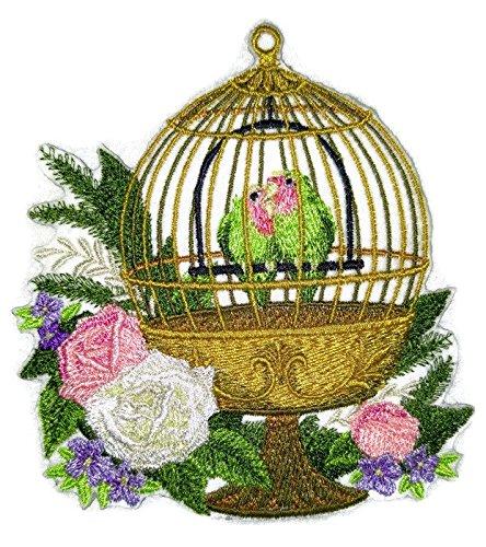 Embroidered patch featuring lovebirds in a cage, showcasing vibrant colors and intricate details, perfect for clothing personalization.