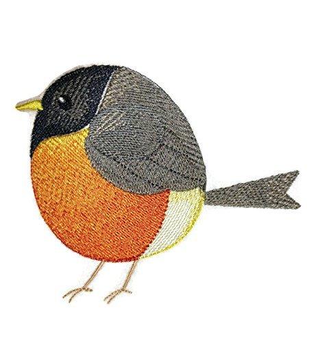 A detailed embroidered patch featuring a Roly-Poly Robin design, showcasing vibrant colors and intricate stitching on a cotton base.