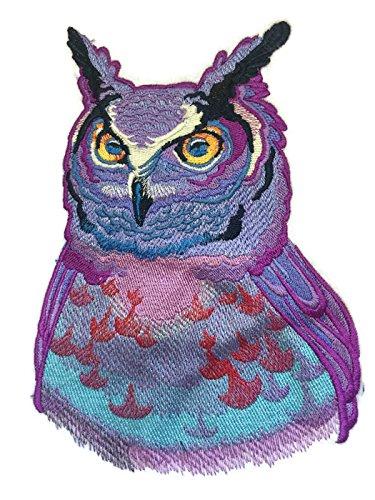 Sunset Owl embroidered patch measuring 7.8" x 5.53", featuring vibrant colors and intricate details, perfect for iron-on or sewing applications.